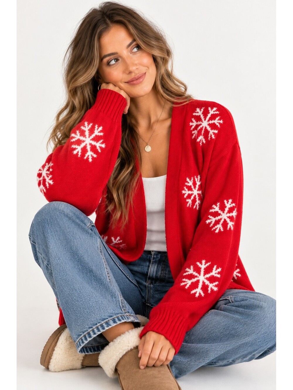 Red Snowflake Open Front Cardigan Christmas Holiday Sweater Women Large Cozy